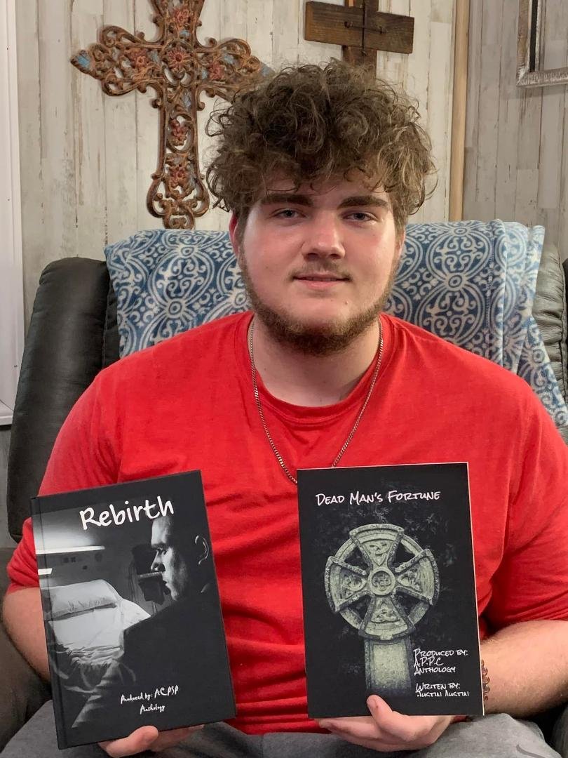 We have an author in the family! Our grandson Justin Austin got two of his books in today. Yes has written 2 books. He is a sophomore at Wheeler High school. Don and I are over joyed with his talent.