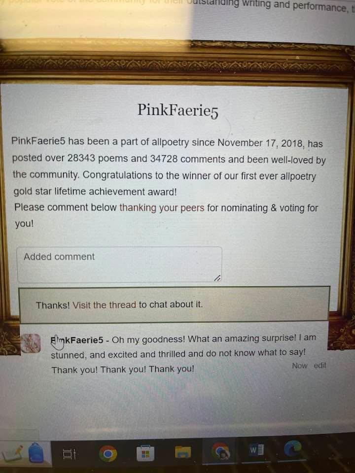 PinkFaerie5 is my multi-talented wife, Caren Krutsinger. This Allpoetry Gold Star Award is their highest award and has never before been awarded