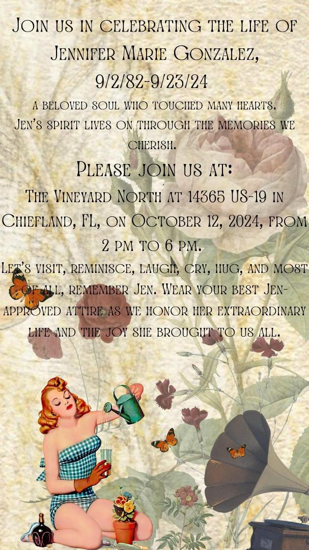 For anyone in Florida, here is Jen’s memorial announcement.