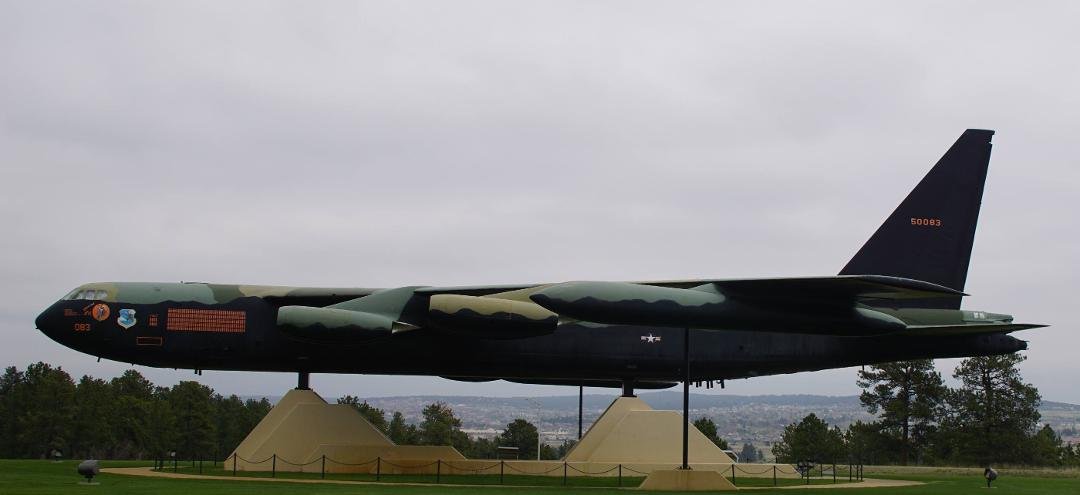 USAF, SAC, BUFF, B-52 from 1956 mounted for display entryway to Air Force Academy, Colorado Springs