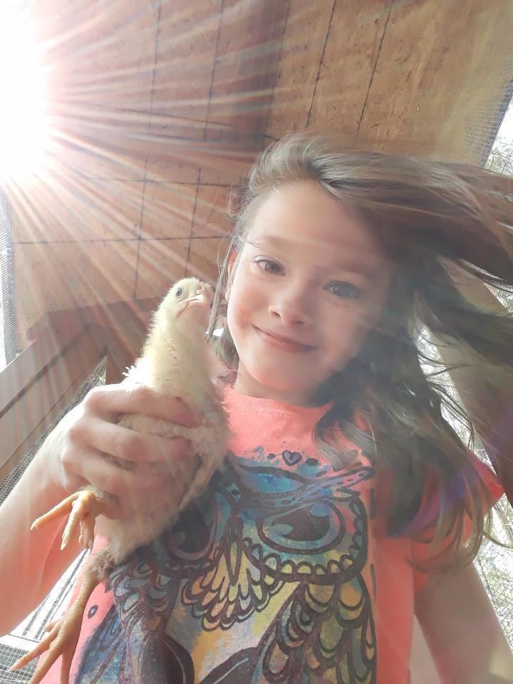 little country girl ... sun rays highlights her and one of her chicks!!😁  Precious grand daughter!