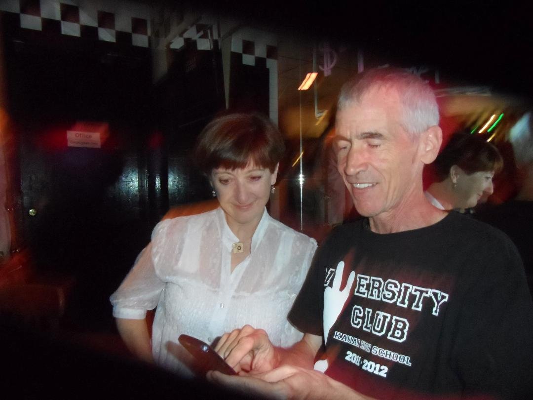 The belle of the print department and Thom at Charliie,s Kitchen.,