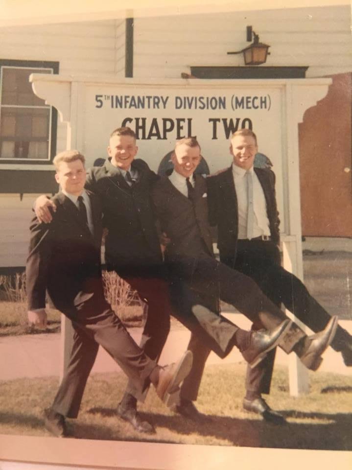 Here's a TBT recently sent to me by the second guy from the right, Billy Sanders. The last guy on the right is me, @ 1967. That's in front of Chapel #2, Ft. Carson, Colorado.