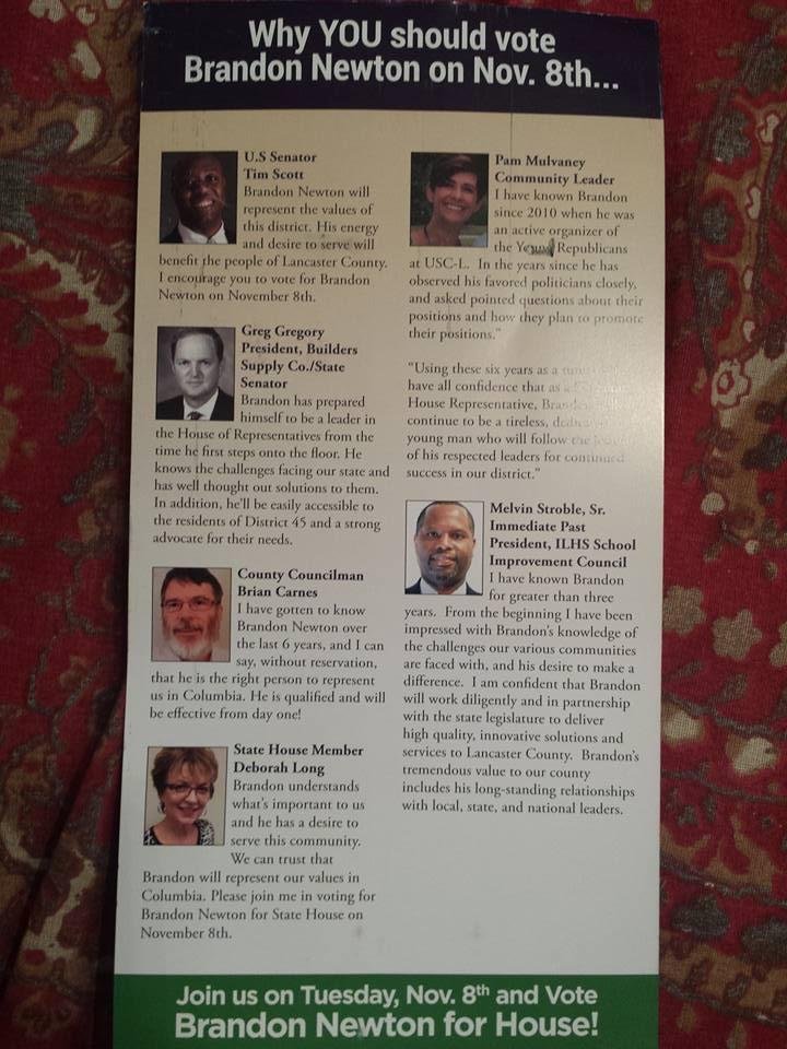 Brandon Newton keeps good company. Endorsed by America's coolest Senator Tim Scott along with Councilman Brian Carnes, State Senator Greg Gregory and State Representative Deborah Long because he's gonna make a great legisla