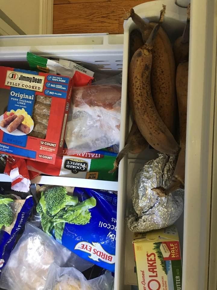 Frozen banana in freezer waiting to build banana bread!