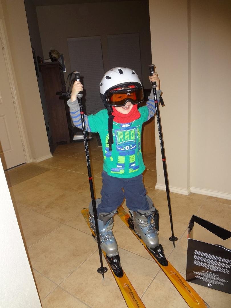Praxedis trying on Grandma's skis