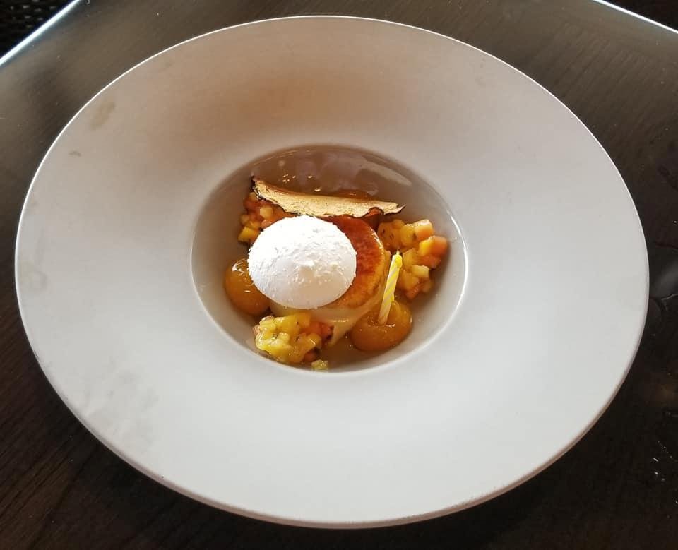 New World Creme Brulee with mango puree & chutney, dried pineapple slice and meringue cookie