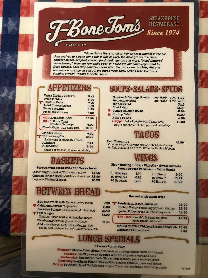 T-BONE TOM’S Today for lunch. Great place.