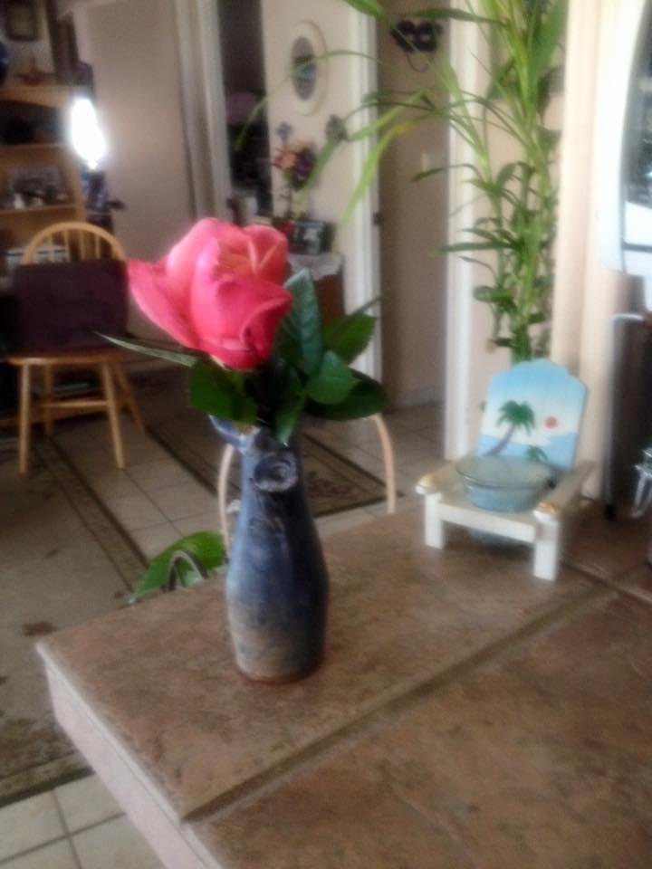 First Rose of the year, in my favorite vase. (Bought in Greece, in 1990.)