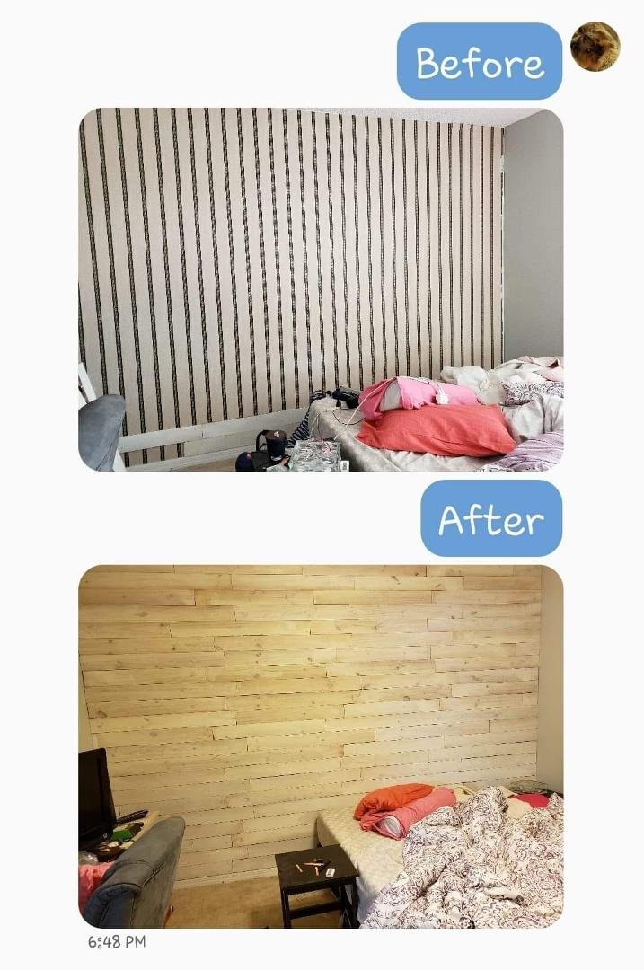 Julie changing it up in her br. Those are individual boards... BTW, boards areleft raw but whitewashed...nothing brown about them. It really is the lighting 😀We figure it only took about 6hrs once she got underway. GREAT
