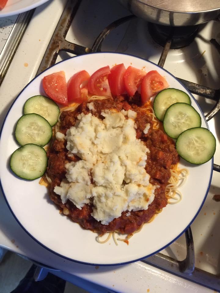 I asked my Daughter what she wanted for dinner? “I want spaghetti, with sauce and mashed potatoes on top “
Done!!