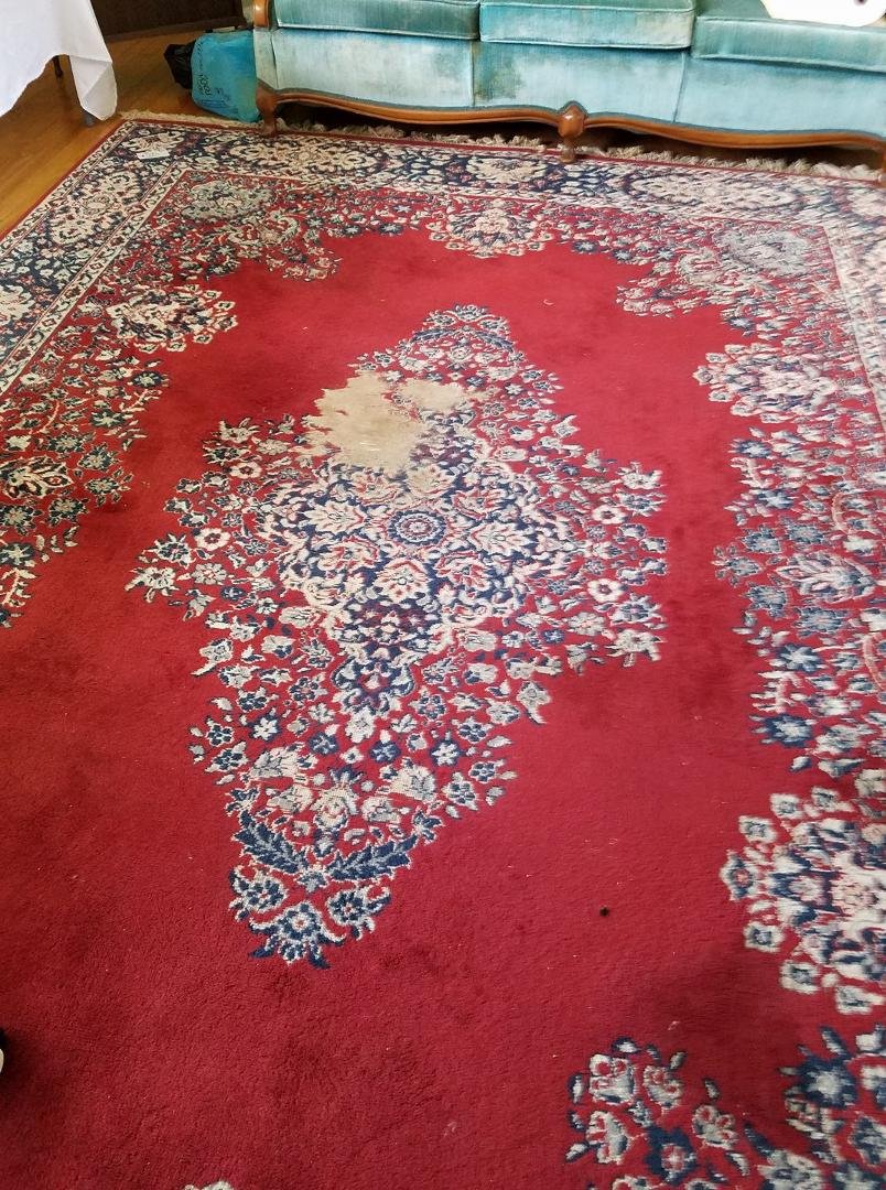 Very pretty rug it has a bad worn spot in the center it would be good in a bedroom under a bed or under a dining table$50