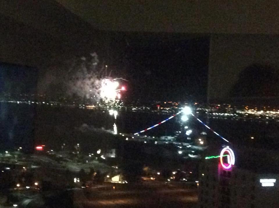 Fireworks off of the deck of the USS Midway as seen from my hotel window. Thank you, San Diego!