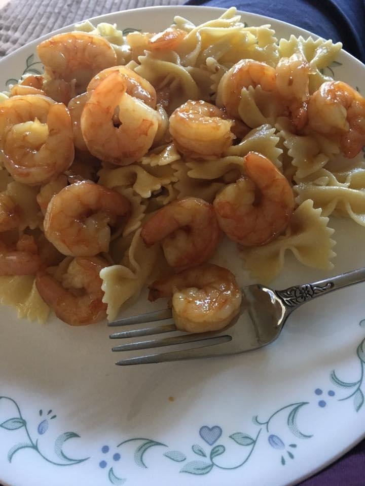 Teriyaki shrimp over pasta cooked by Dylan and crab cakes in the oven for dinner tonight!