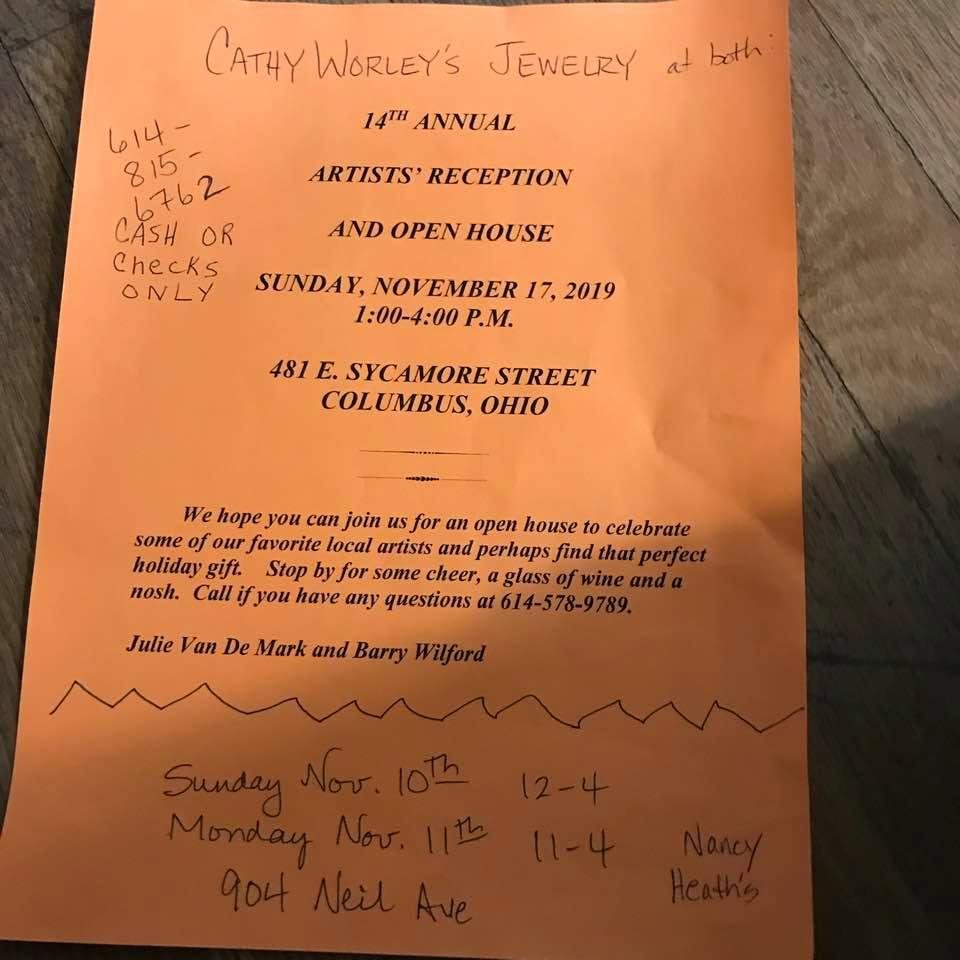 Please note these are two different parties. More than jewelry. Different artists, except for Cathy, at each one. Lovely, unique, affordable, great Christmas gifts or gifts to self. Cathy’s jewelry is from artists all over