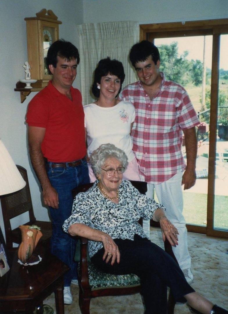 Aunt Georgie Clark Scheffler in Iowa at Aunt Joy's with Joy Duffy Mason and her brother's Mike and Mark Duffy.