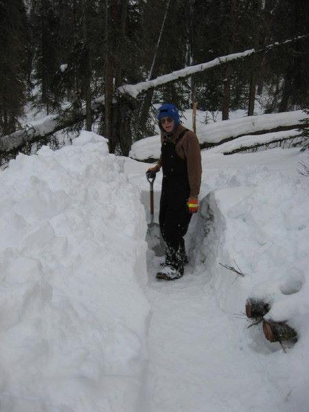 Shoveling snow in Feb. 2012.  This more normal for Alaska than the recent warm/rainy weather.