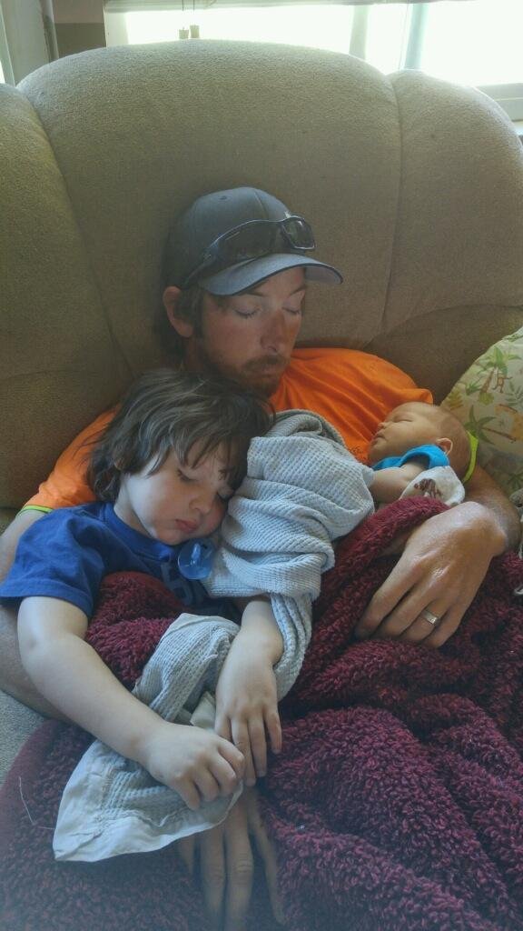 These 3 "Boys" are the 3 youngest boys in our MORRISMOB. Chris Carter is the Daddy to our youngest grandBoys: Austin Alan is 3 years old and Auggie Verdell is 10 days old! They are all 3 sound asleep after ... A hard mornin