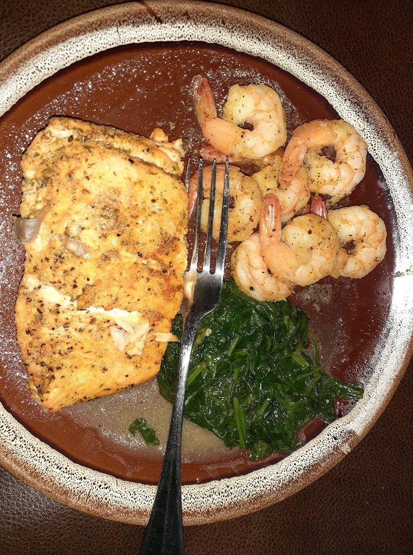 My son cooked dinner tonight. Baked salmon, grilled shrimp and spinach. Thank you Jesus!!!!