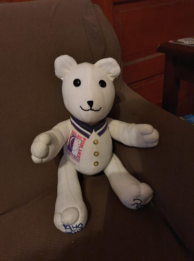 Got this bear for my birthday. My granddaughter Jessica made it out of one of Roger's Relay for Life shirts. Thank you so much Jessica Mazejka. I love it!
