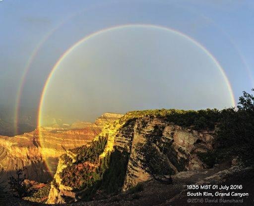 GRAND CANYON 'BOW: To see a rainbow, all you need are sunlight and falling rain. Correction: that's all you need to see half a rainbow. Typical rainbows are at least 50% hidden below the horizon. To boost the fraction, add