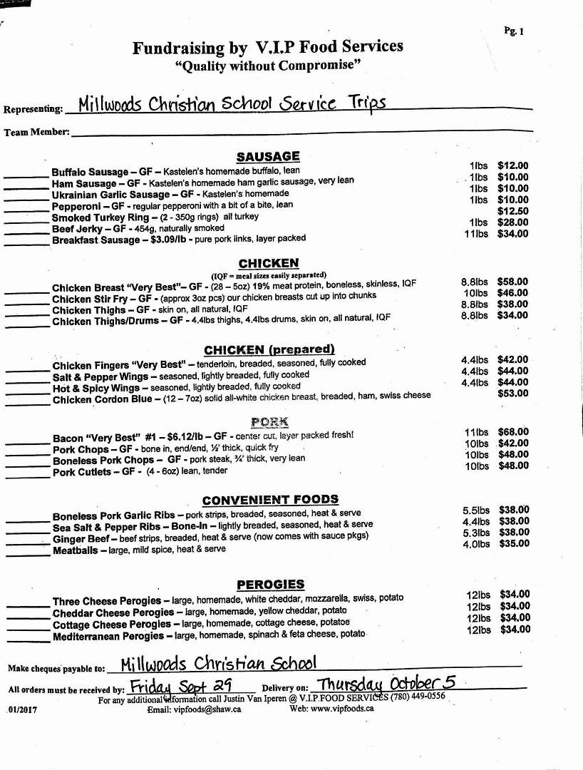 Here is the second page for the VIP food order.