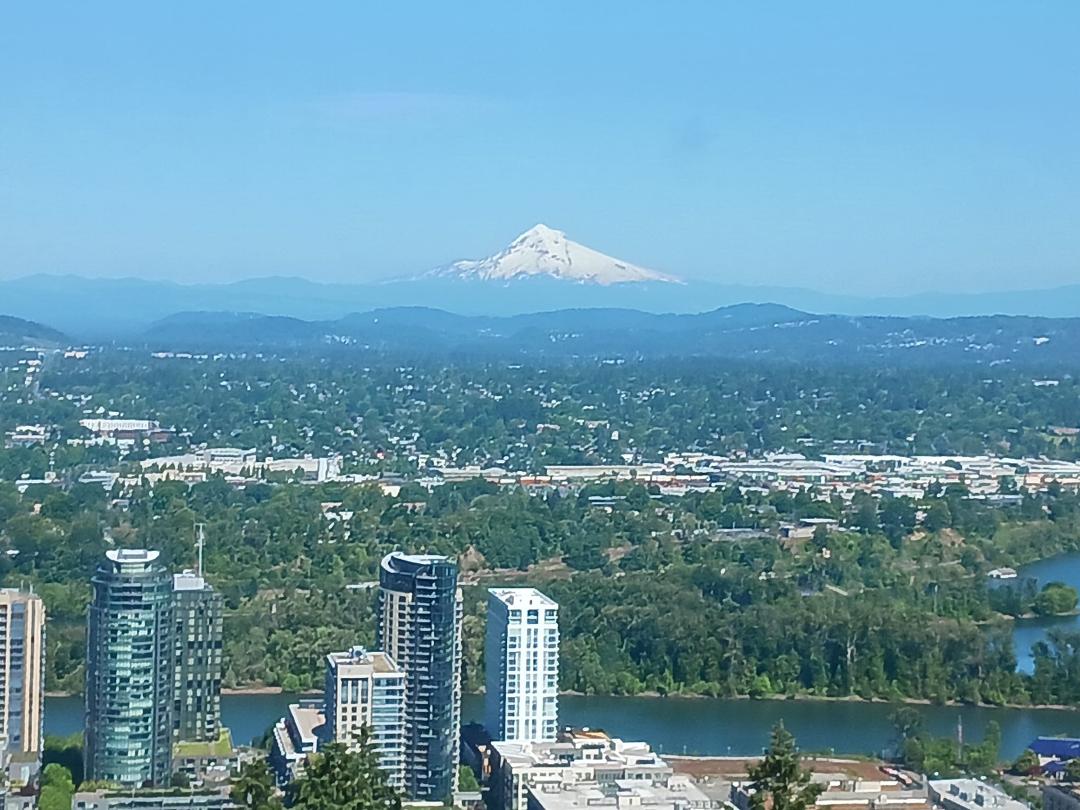 Mount Hood a bit more than 50 miles away as viewed from the VA Hospital in Portland Oregon.