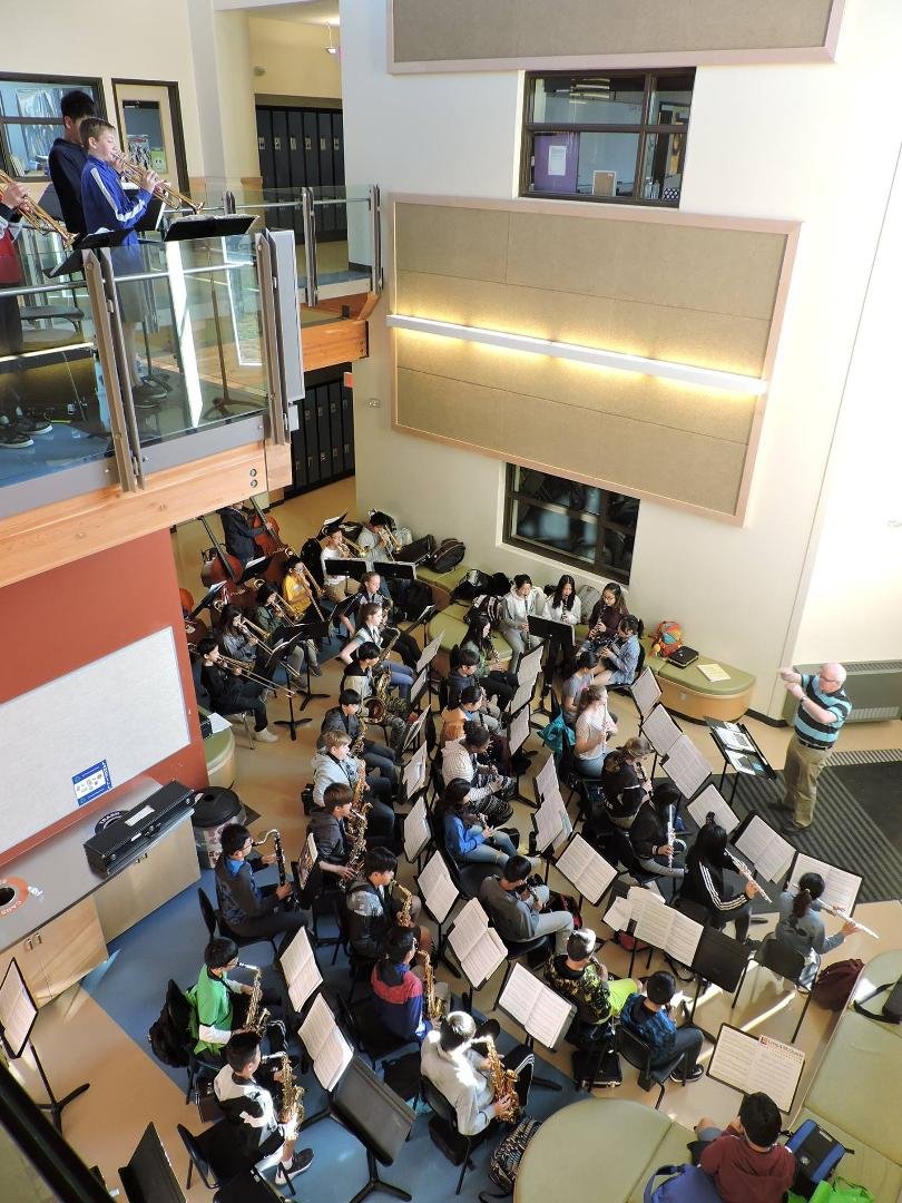 Tuesday 07:30 rehearsal in the student commons. The trumpets were up on the second floor.