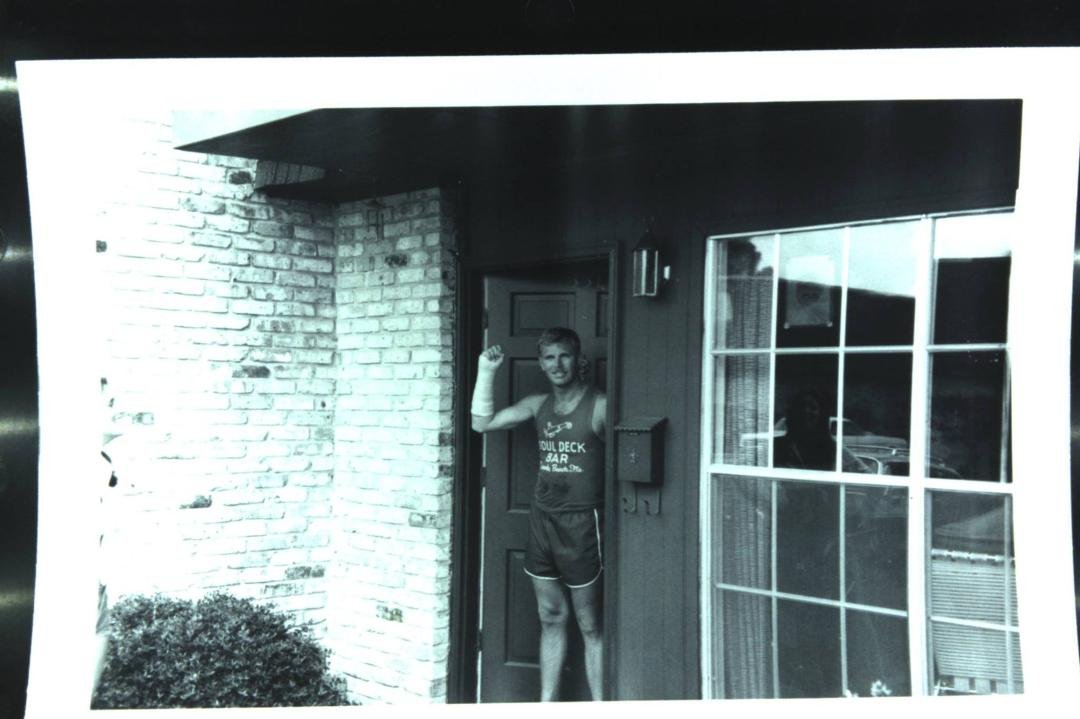TBT fun: me with wrist in cast, after sailing incident; @ Lamplighter Apts, P-cola, ~'77......yes that's a chaise lounge in my living room doing "furniture "duty!!! : )