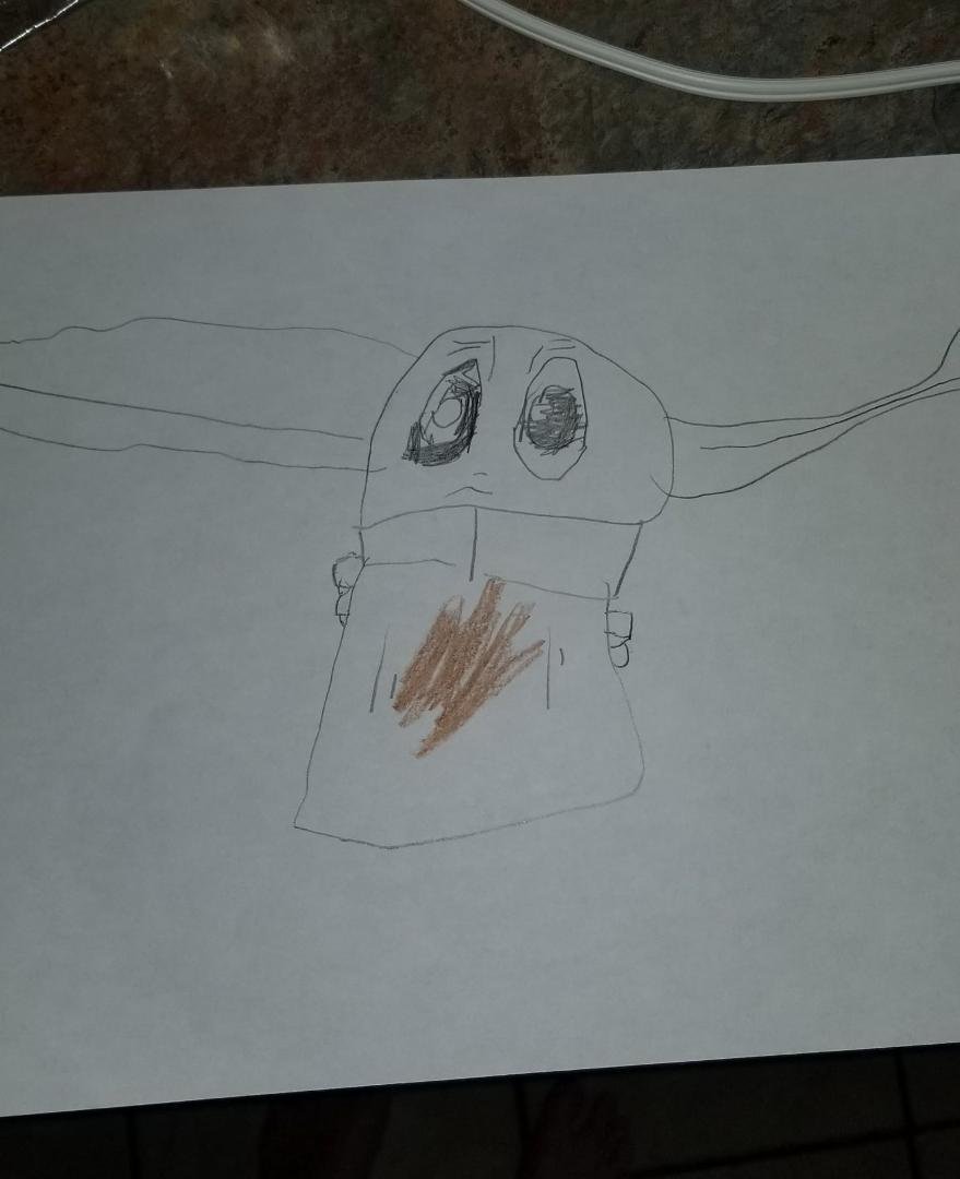 My 5 year old grandson's rendition of Baby Yoda. I think we may have a budding talent!