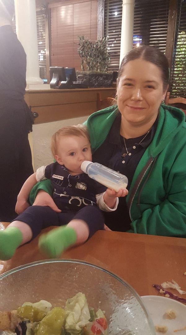 Enjoying a dinner at olive Garden, hunter evidently resting his tummy after eating good tonight!!!!