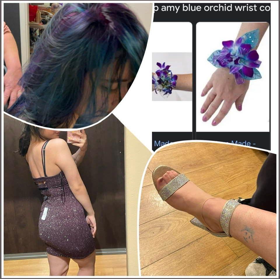 Nova’s 2nd look for Prom.
She is going to Prom in her long, black dress. Then, after photos & the fancy parts of Prom are over, maybe 1/2 way through, she’ll be changing into this purple dress.
We got her a Amy Blue Orc