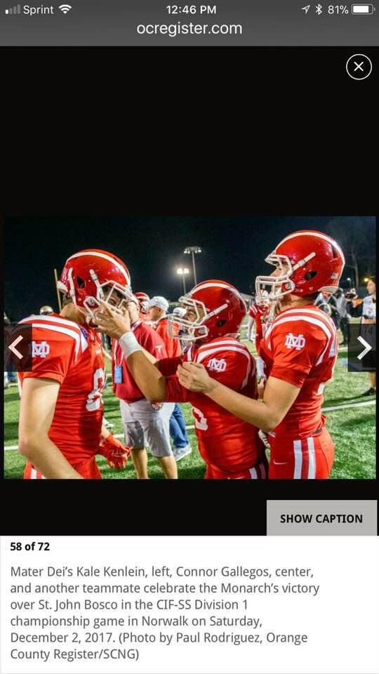 Kale Kenlein (L) in the Orange County Register after Mater Dei’s CIF Championship win over St John Bosco