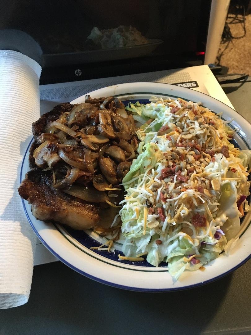 Ribeye with mushrooms and onions and a nice blue cheese salad