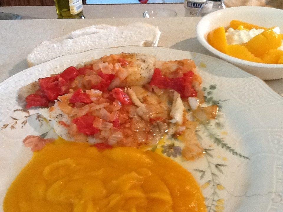 Finally cooking again. Tilapia. I loved it, Dave did not! We had dessert too.