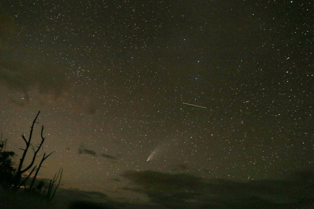The comet with lots of clouds about shows a curved dust tail curving off to the upper right and a faint bluish gas tail at about 1 o'clock.. The crescent moon is setting behind the clouds in the lower left.