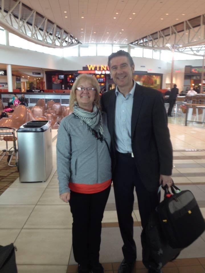 At the Edmonton airport leaving for Yuma.   Gene took the pic of me and the guys.  Reminisced with gene about the time he and some of the oilers came up for the arena fundraising event.  He was sad to hear the old arena had