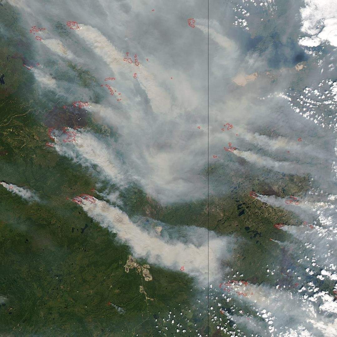 On June 28, 2015, the Moderate Resolution Imaging Spectroradiometer (MODIS) on NASA’s Aqua satellite captured this image of wildfires burning in Alberta, north of the Athabasa oil sands. Actively burning areas, detected by 