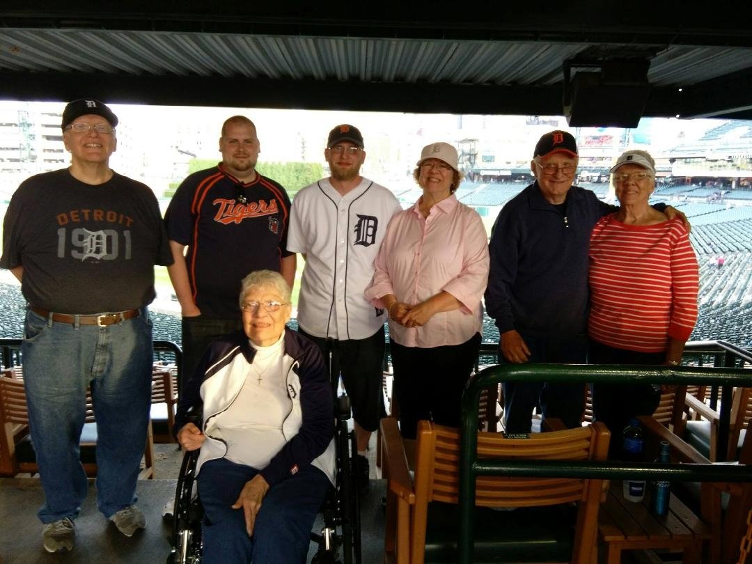 At the Tiger game to hear Dan Romzek sing. His mother, Doreen Romzek , in front ( Craig's sister). His other sister, Donna and her husband, Ed on right.