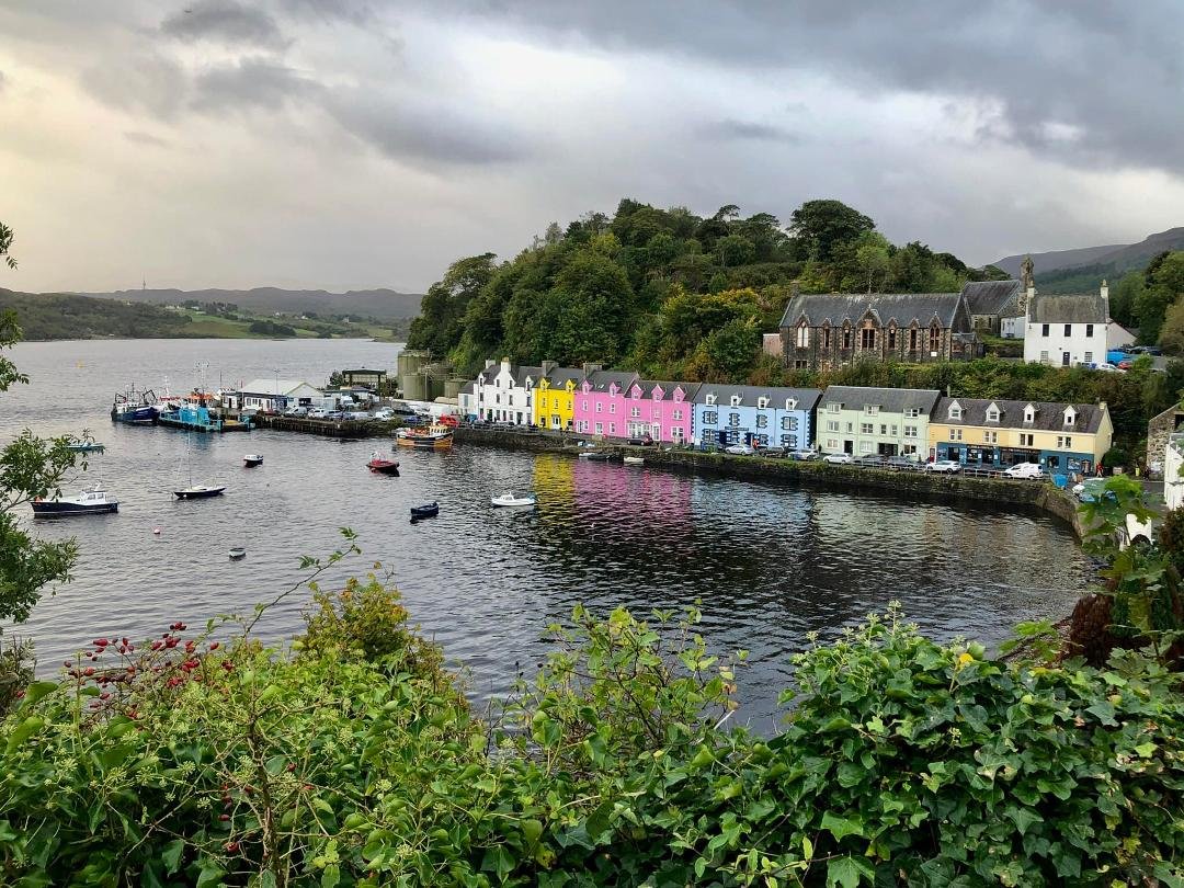 The town of Portree: one of several in Scotland where landowners have painted their dockside buildings in bright colors.
