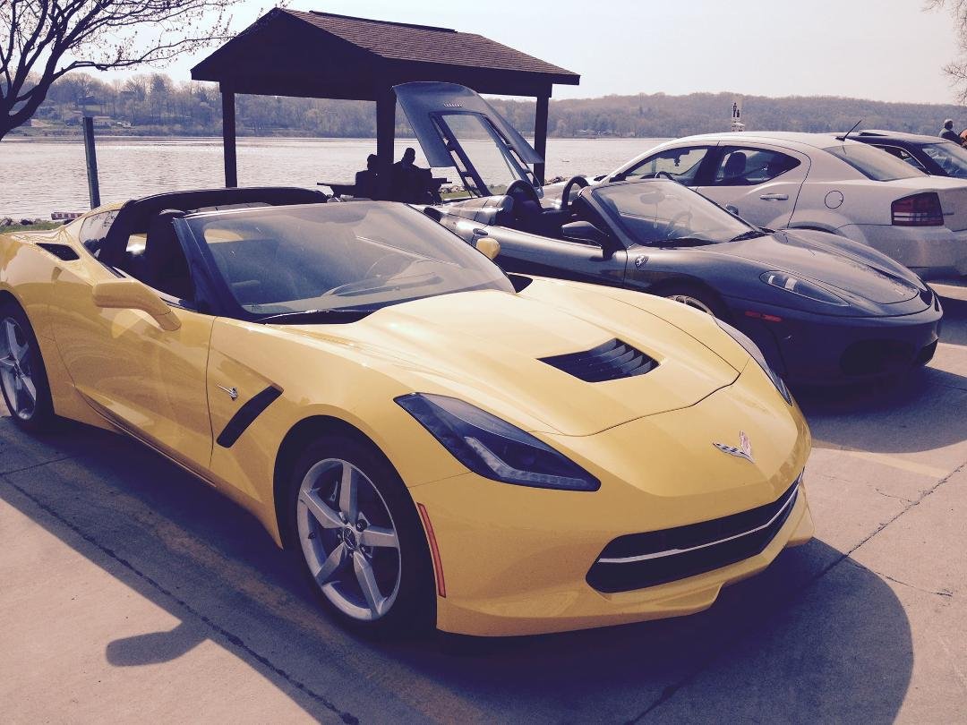 Ted,s Coffee & Cars Cruise in LeClaire. Our first cruise in the Corvette