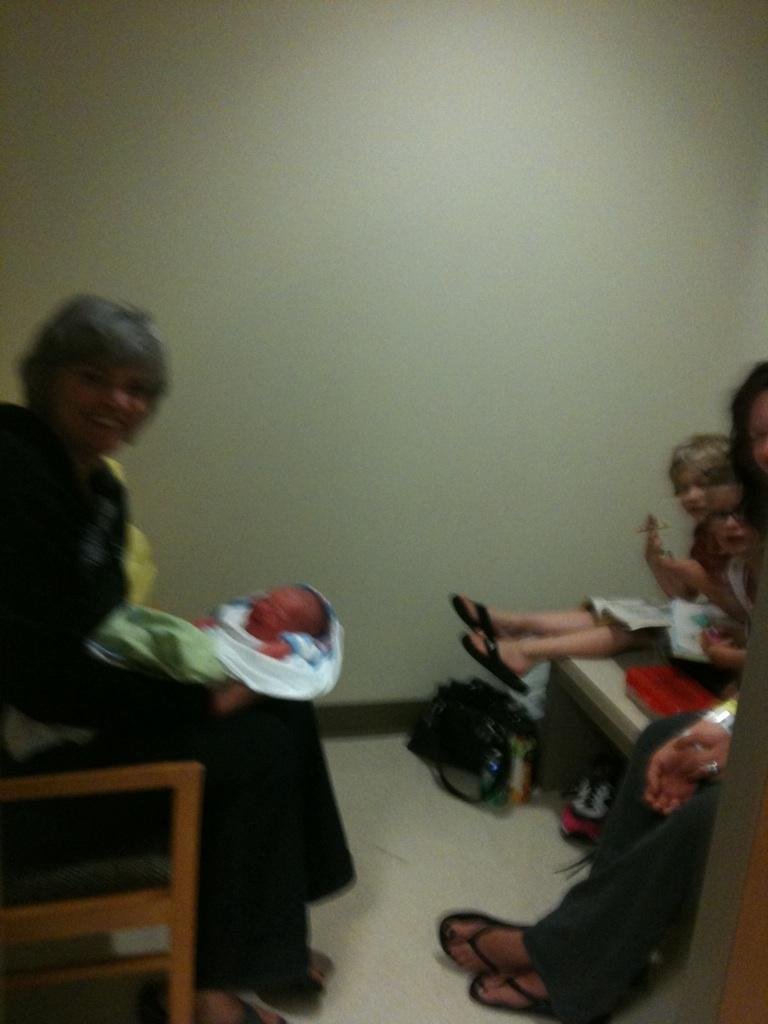 BG, baby Wyatt, Hayden, Marlee, and Shannon in an underground closet in the hospital in Norman, OK, evacuated for a tornado. 5.24.2011 Wyatt is just over 24 hours old.