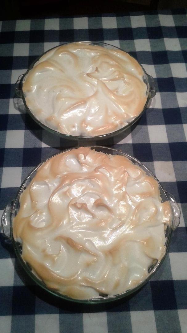 two butterscotch meringue pies for hand bell choir rehearsal tomorrow. Yummers!