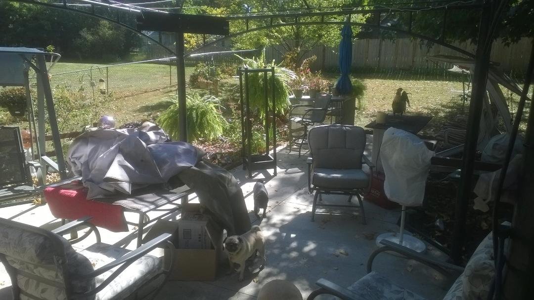 I've spent the last 4 hours breaking down the patio & fountains. I still have a day or so to go, but I got all the electronics put away, so no Google Fiber TV's or Sirius Satellite Radio. Need to break, clean up and go do m