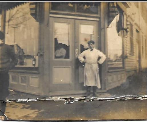 This is my grandfather, Fred Bembridge, in front of his Paterson butcher shop circa 1913, the year of the Paterson Silk Strike. He lost his business because the striking workers could not afford meat. He met my grandmother