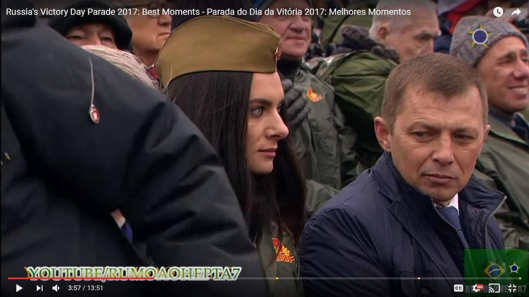 Pole vaulter Yelena Isinbayeva wearing a war hat in the audience last Tuesday at the Victory Day parade in Moscow.