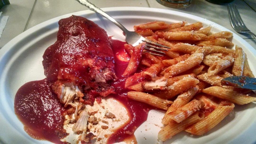 At y parents house my mother made the pasta and I made the Chicken. Chicken Parmesan for dinner!!! Oh yeah. Now waiting for Tiger baseball to come on even better! Left over chicken parm for my lunclh tomorrow!! YEAH!