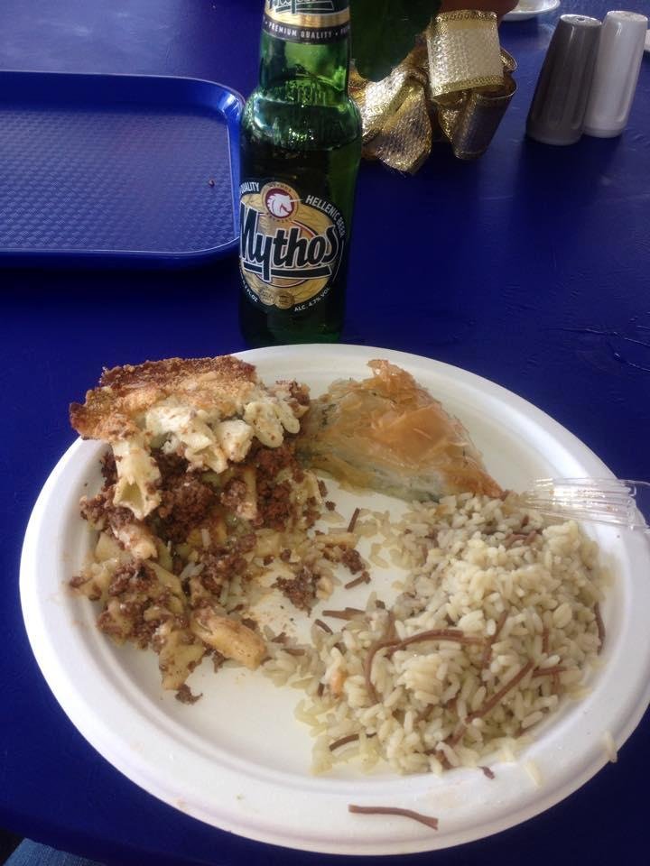 Ah, I'm in Hog Heaven...Pastitsio, Spanakopita, Pilaf, and Mythos Beer. Will save room for Galactibouriko for desert before I leave. Yum.