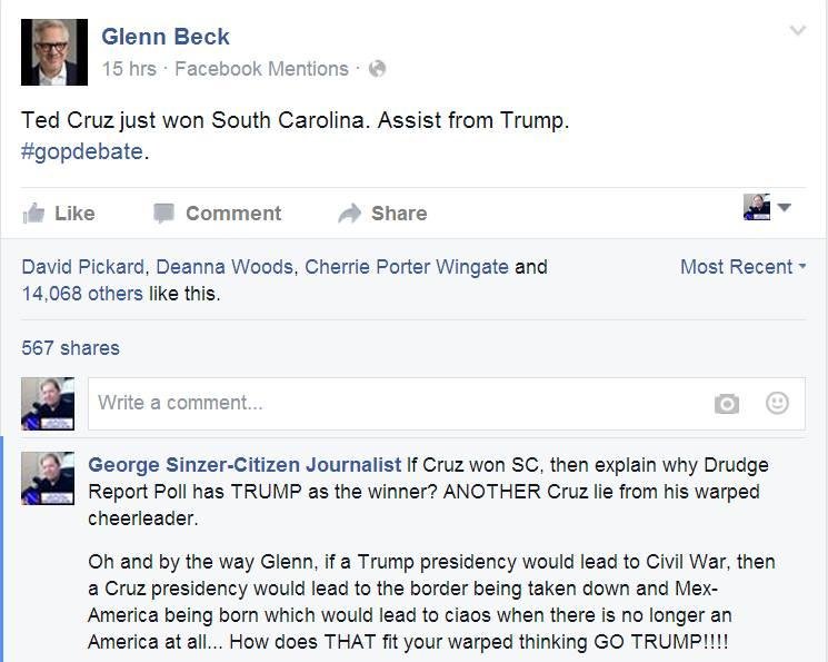 Once again Glenn Beck the cheerleader for Cruz shares in lies
