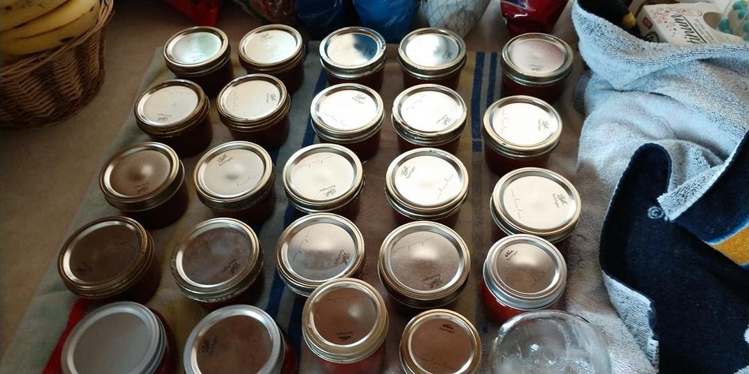 And tomato sauce is finally finished up!! Now for the jars to seal.... already had 3 seal!!! 24 1/2 pint jars!!
